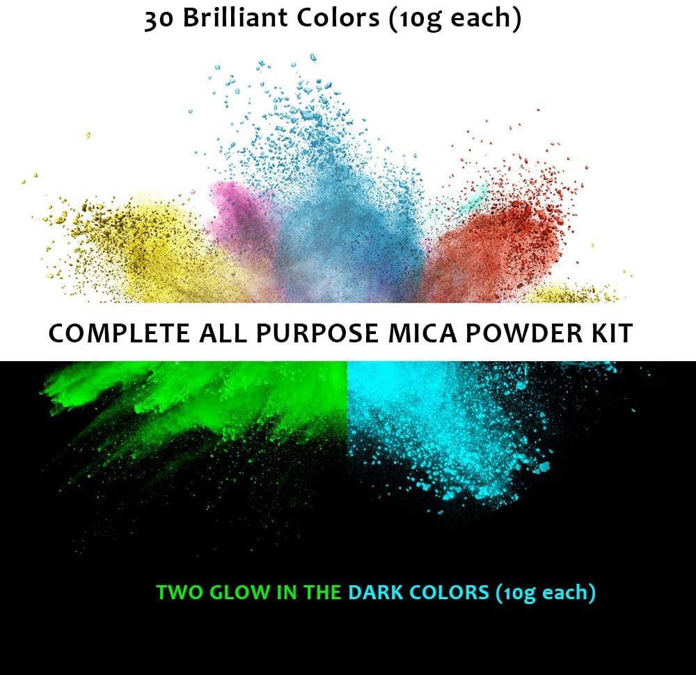 Resinart Mica Powder (320g) - 32 Colors/10g Each - 2 Glow in The Dark - for DIY Resin Epoxy, Cosmetics, Bath Bombs, Soap Making, etc.